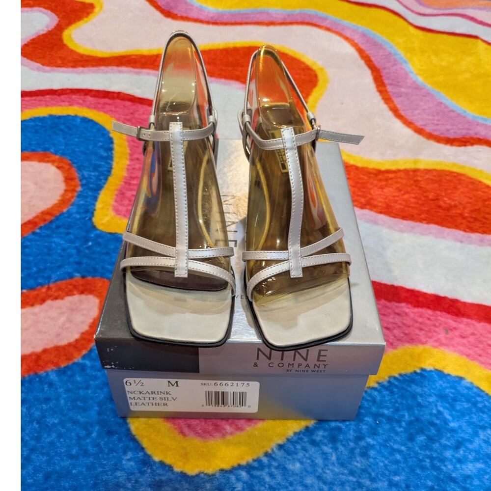 Vintage Y2K Nine & Company Silver Chunky Kitten Heel Sandal Size 6.5